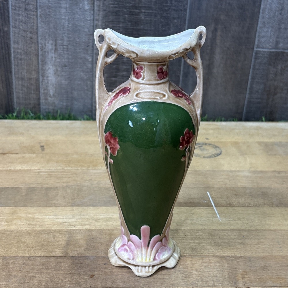 Antique c1900 Art Nouveau Majolica Vase Austrian German Floral Pierced Handle
